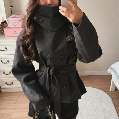 Winter Women's Black Fall Winter Double Breasted Belted Coat High Neck Long Sleeve Short Peacoat Elegant Casual Warm Outerwear