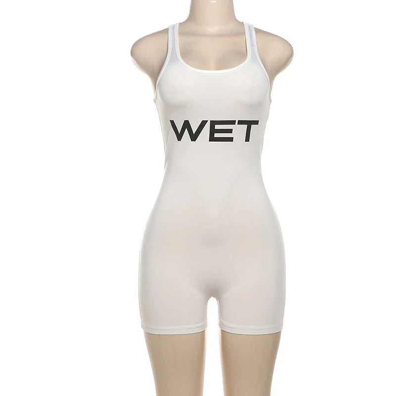 New 2025Summer Women Sexy Sport Romper Subtranslucent Slim Playsuits Letter Printed White Women'S Raceback Sleeveless
