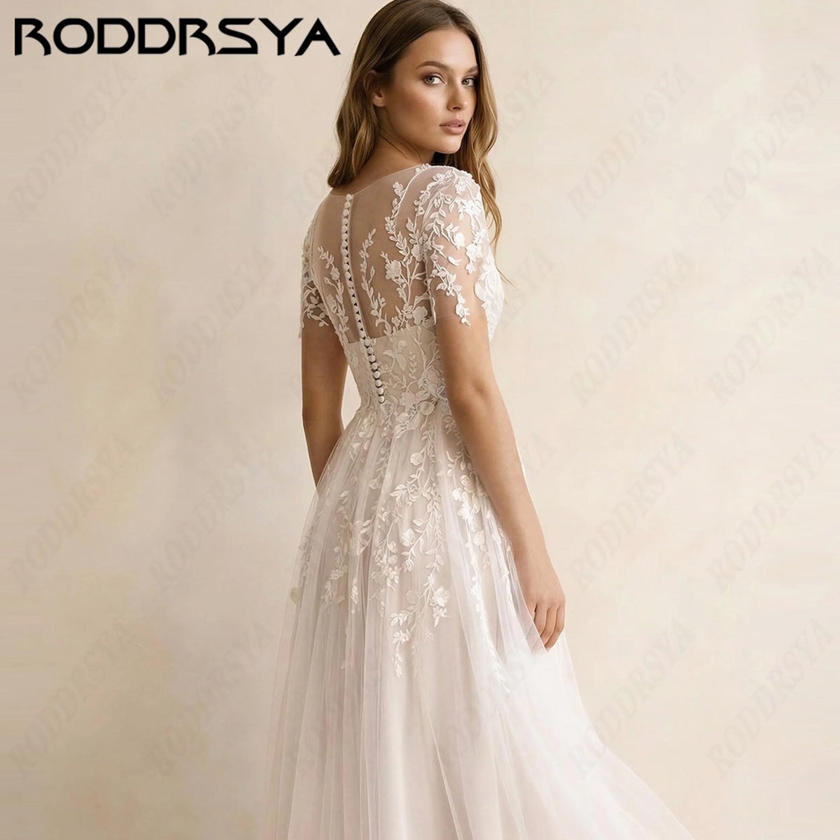 RODDRSYA Mid-Calf A-Line Customized Wedding Dresses V Neck Tulle Simple Bride Gown Short Sleeve Lace Appliques Bridal Dress