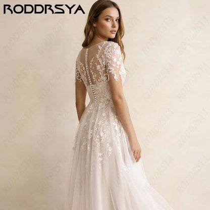 RODDRSYA Mid-Calf A-Line Customized Wedding Dresses V Neck Tulle Simple Bride Gown Short Sleeve Lace Appliques Bridal Dress