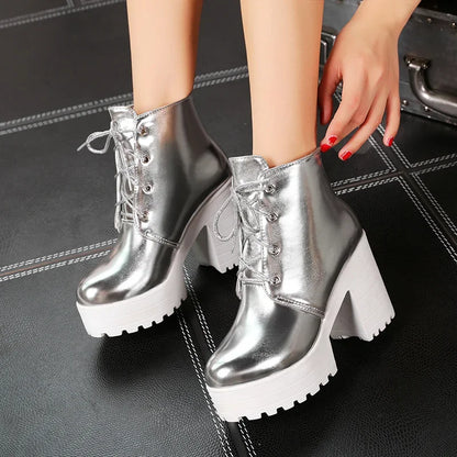 British Silver Gold Ankle Boots Women High Chunky Heels Dress Lady Round Toe Lace-up Spring Autumn Vintage Platform Short Boots