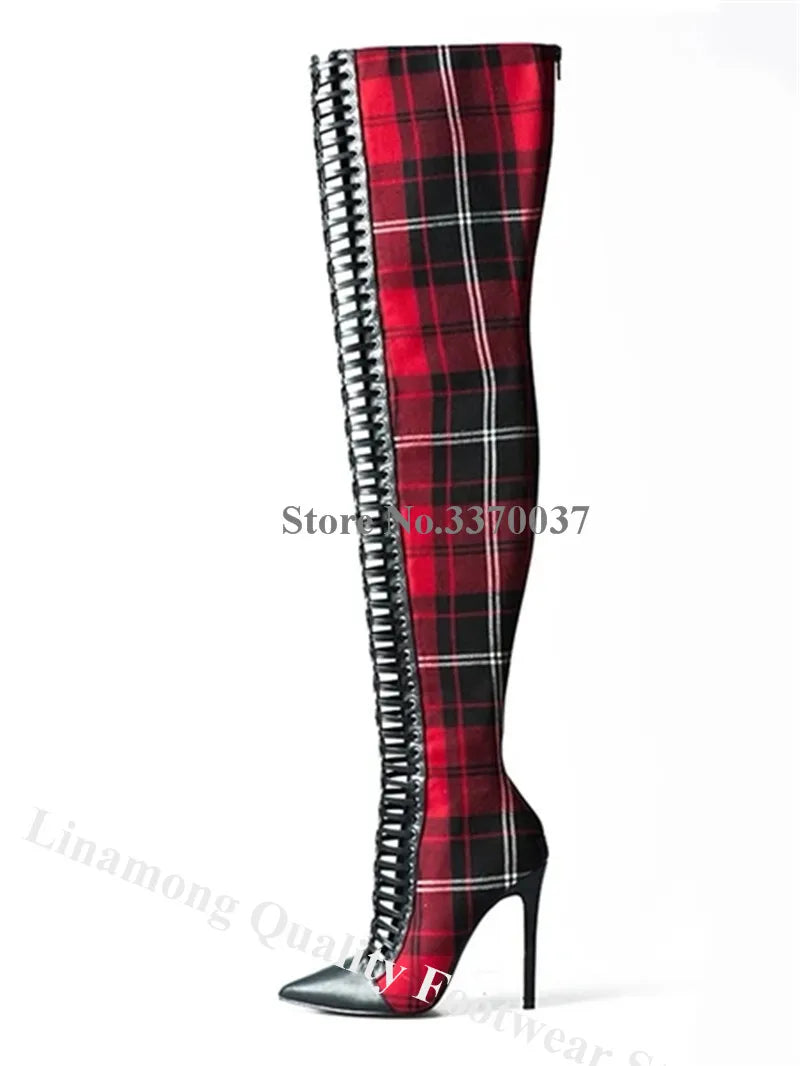 Red Plaid Short Boots Linamong Pointed Toe Cut-out Checkered Stiletto Heel Lace-up Ankle Booties Sexy Slim Dress Heels