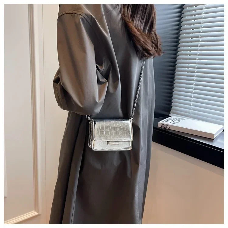 Vintage Women Silver Chic Crossbody Bag Luxury Designer Small Shoulder Bags Fashion Gold Mini Square Cute Pu Leather Handbag