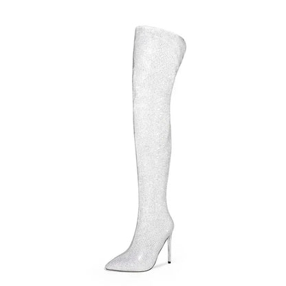 Silver Black Rhinestone 12cm High Heel Long Boots New Fashion Show Shiny Diamond Pointed Women's Over The Knee Boots Size 34-46