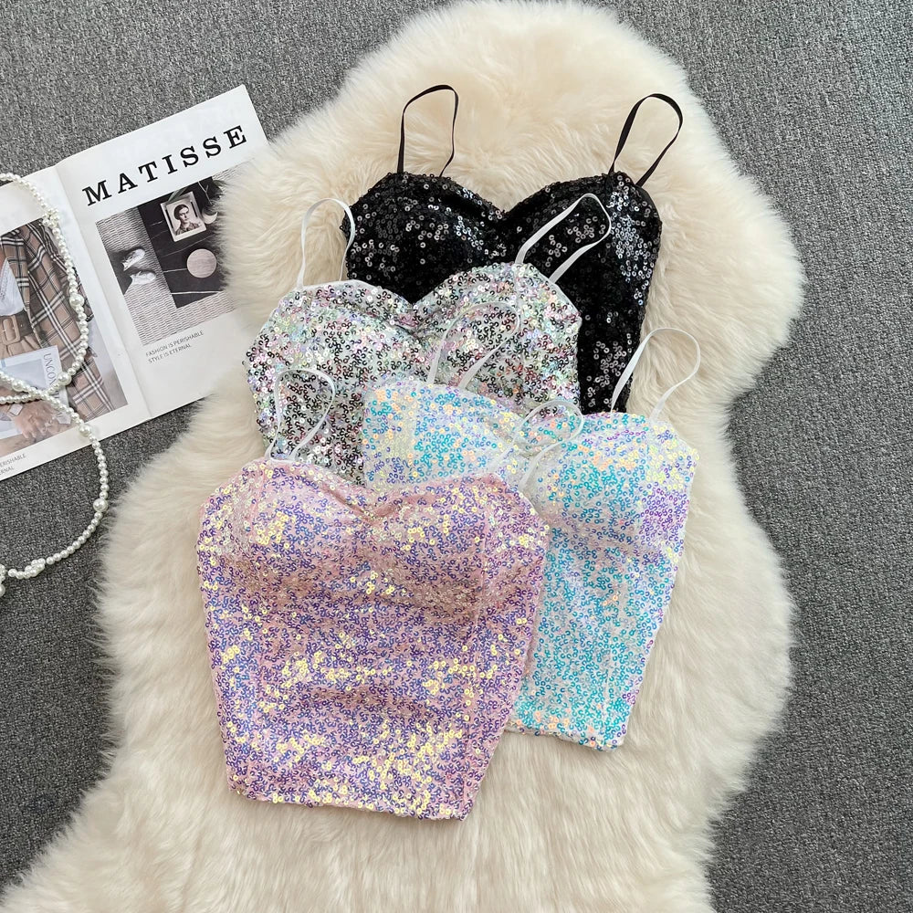 Sexy Sequin Party spaghetti Croset Bustier backless Slim Tanks and Camis Strap Glitter Crop Top Fashion Summer Women Clothes Y2k