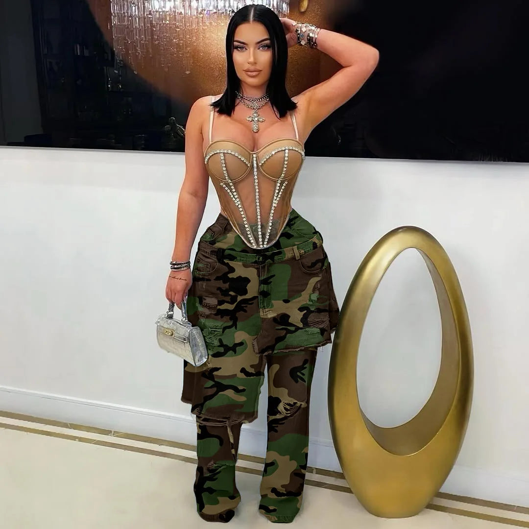 Women High Waist Camouflage Pants Hole Straight Pants Long Jeans Casual Trendy Trousers 2025 Autumn Winter New Denim Trousers