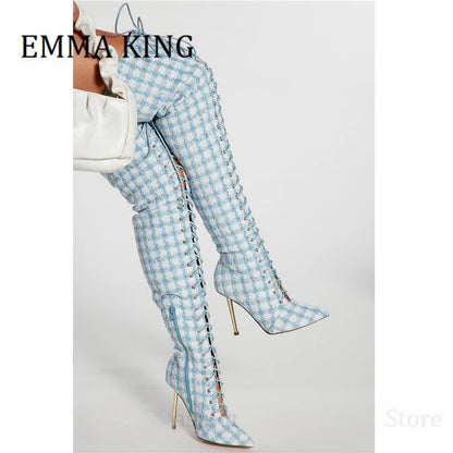 Women Plaid Lace Up Boots Sexy Pointy Toe Stiletto Heel Long Boots Ladies Fashion Footwear Non- Stretch Fabric Botas De Mujer 44