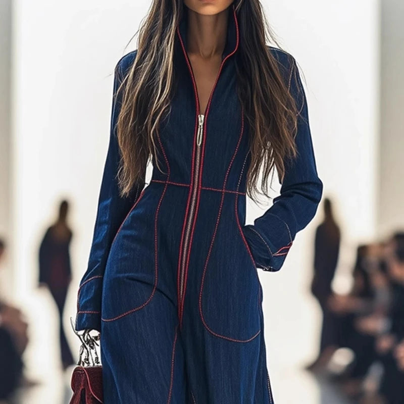 Women Retro Patchwork Elegant Playsuits Autumn Simple Chic Wide Leg Pants Jumpsuits 2025 Holiday Long Sleeve Ladies Bodysuits