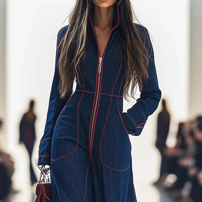 Women Retro Patchwork Elegant Playsuits Autumn Simple Chic Wide Leg Pants Jumpsuits 2025 Holiday Long Sleeve Ladies Bodysuits