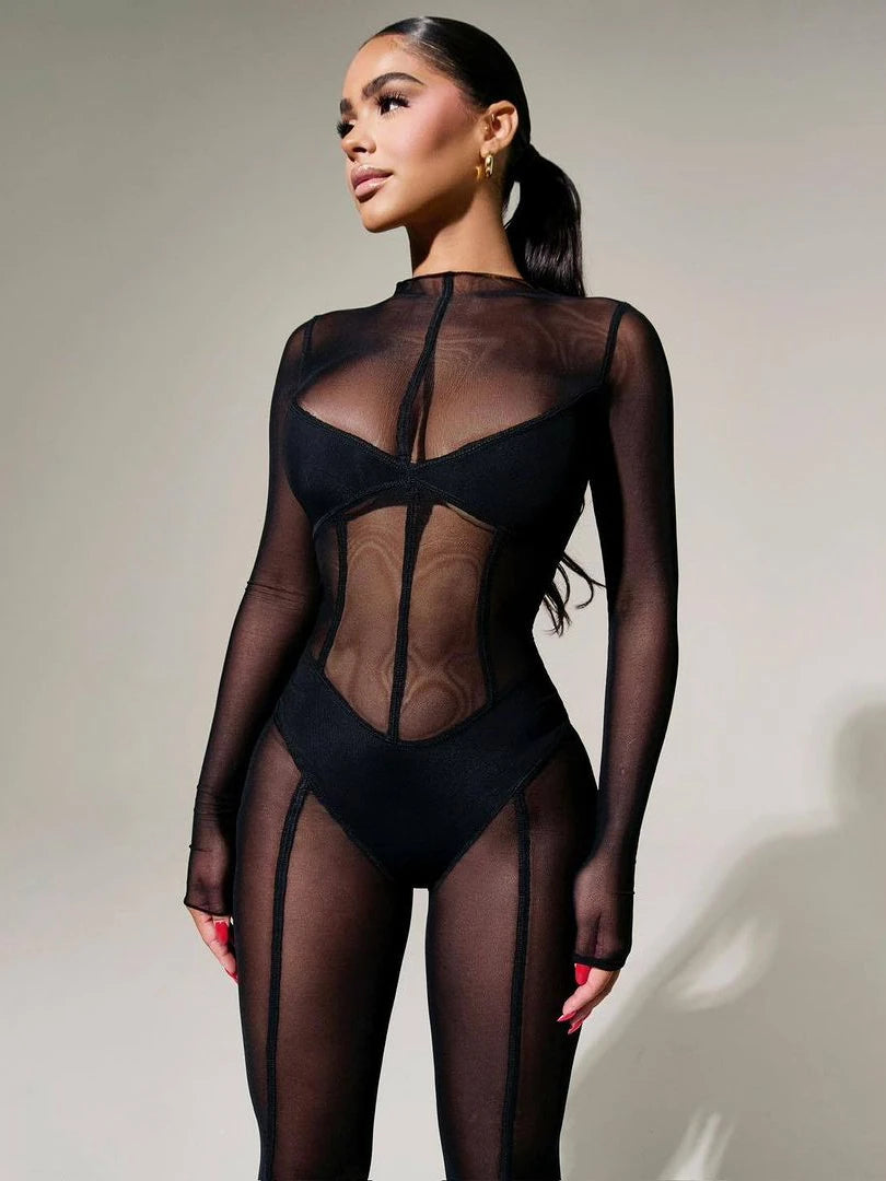 Hugcitar Mesh Long Sleeve Black Zip Up See Through Sheer Sexy Bodycon Jumpsuit 2025 Summer Women Romper Beach Festival Club Y2K