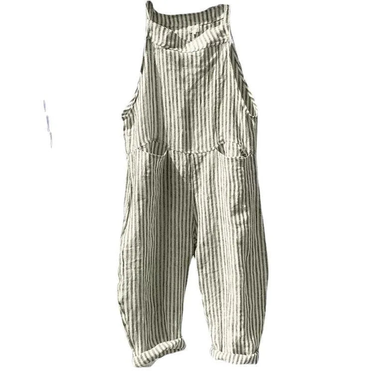 Casual Jumpsuit Women Striped Cotton Overalls Loose Fit Long Pants Romper Adjustable Straps Front Patch Pockets Jumpsuits