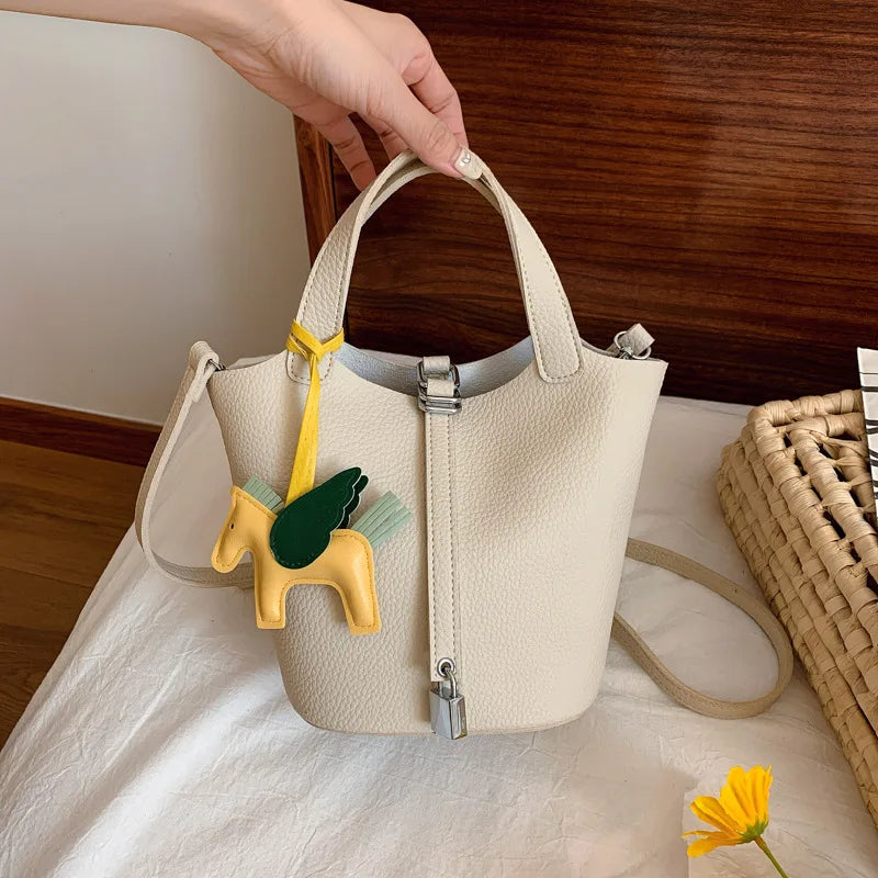 Fashion Vegetable Basket Bucket Bag Women's Autumn New Lychee Pattern Shoulder Bag Simple Solid Color Niche Messenger Bag