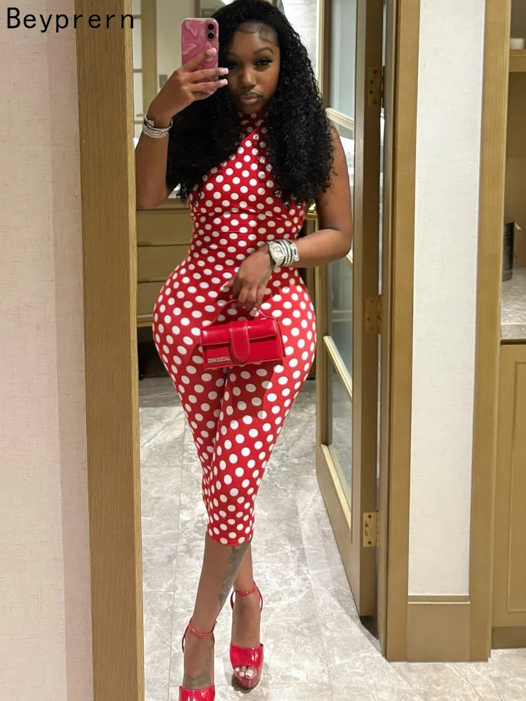 Beyprern Vintage Polka Dot Print Skinny One Piece Jumpsuit Women Sexy Halter Neck Sleeveless Bodycon Playsuit Elegant Streetwear