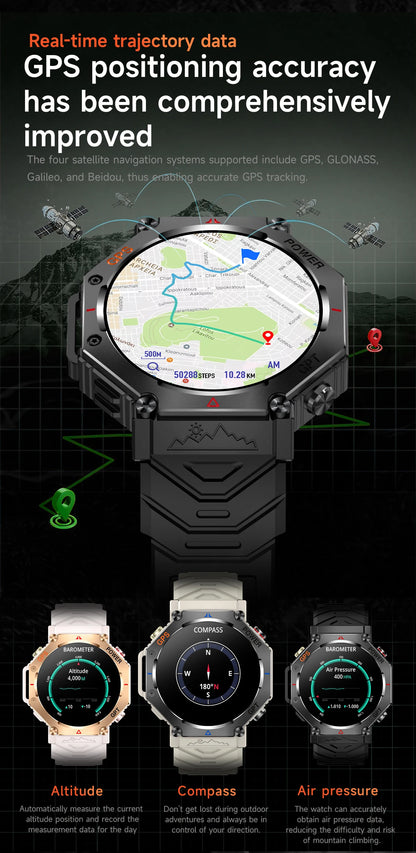 New Military Real GPS Smart Watch Men 10ATM IP69K Waterproof Swim Sports Watches Flashlight Bluetooth Call AMOLED HD Smartwatch