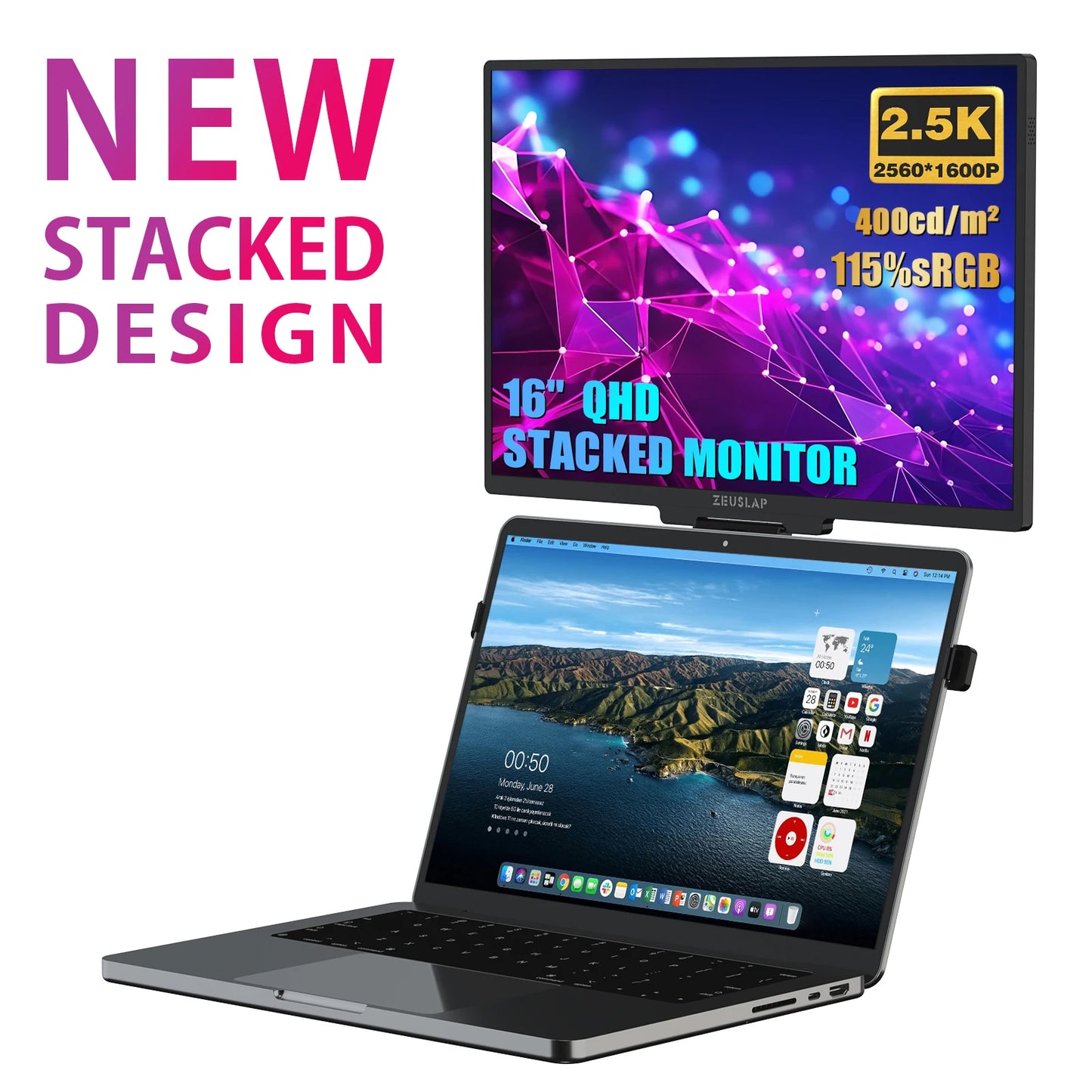 ZEUSLAP 16" Floatable Stacked Portable Monitor QHD 2560*1600P 400Nits 16:10 IPS Panel for Laptop Notebook Second Screen Display