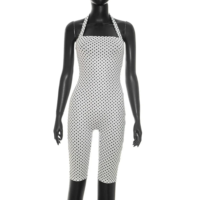 FAGADOER Sexy Polka Dot Halter Romper Fashion Print Backless Bodycon Jumpsuits Women Summer Streetwear Party Club Playsuits New