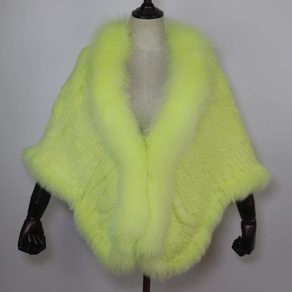 Women 100% Real Rabbit Fur Shawl Scarf With Fox Fur Collar Winter Warm Knitted Rabbit Fur Poncho Girls Party Fashion Accessories