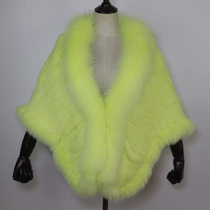 Women 100% Real Rabbit Fur Shawl Scarf With Fox Fur Collar Winter Warm Knitted Rabbit Fur Poncho Girls Party Fashion Accessories