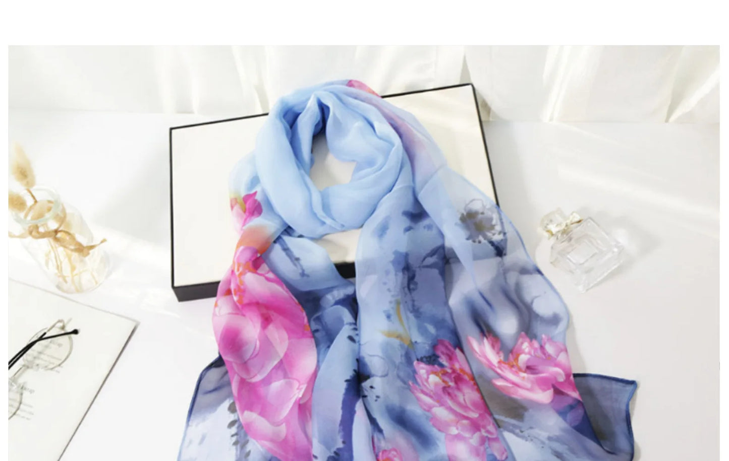 Ink Painting Lotus Summer Beach Sun Protection Chiffon Georgette Scarf Women Foulard Shawl Bandana Elegant Thin Breathable