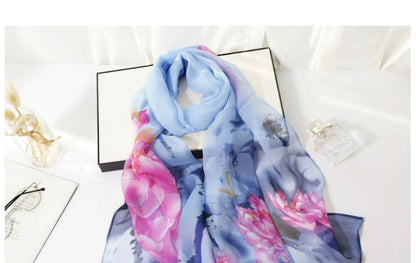 Ink Painting Lotus Summer Beach Sun Protection Chiffon Georgette Scarf Women Foulard Shawl Bandana Elegant Thin Breathable