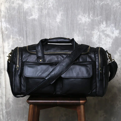 Vintage Large Capacity Men's Top Layer Cowhide Travel Bag Genuine Leather Crossbody Bag Hand-Held Short Distance Luggage Bag