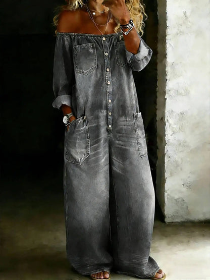 2026 Fashion Retro Imitation Denim Jumpsuit for Women Summer New Single-Breasted Off-shoulder Long Loose Rompers Overalls Pants