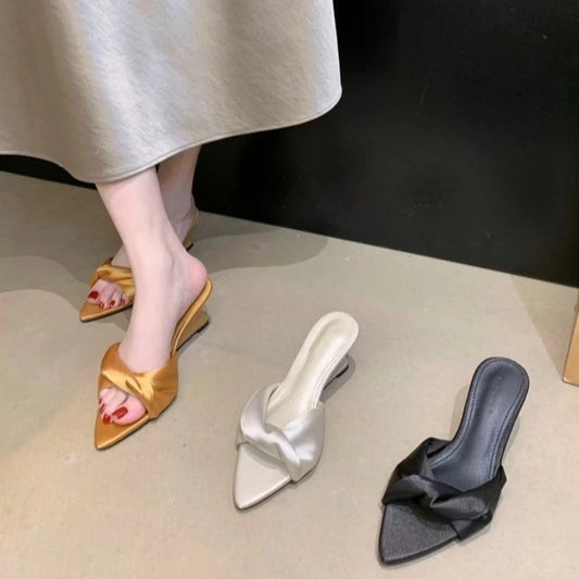 Pointed Toe Women Slippers Wedges Mid Heels Shoes Designer Elegant Pumps Summer 2026 New Sandals Fashion Slides Flip Flops Lady