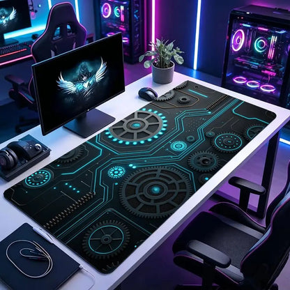 Large XXL Gaming Mouse Pad Desk Mat Keyboard Pad Cyan Circuit Gear Tech Cyberpunk Aesthetic  Mousepad For E-Sports Gamers Boys