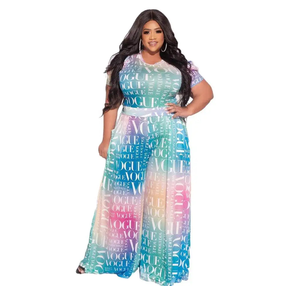 Loose Women's 2025 Summer Wide Leg Pants Letter Printed Short Sleeves Bubble Sleeves Large Size Jumpsuit