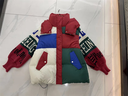 Streetwear Letter Stitching Fashion Down Jacket Women's New Hooded Parka Loose Winter Down Coat Female Thick Casual Warm Clothes