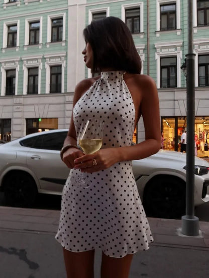 Polka Dots Halter Mini Dress Elegant Backless Sleeveless Cinched Waist Short Dresses Lace Up Skirts 2026 NEW Summer Lady Dresses