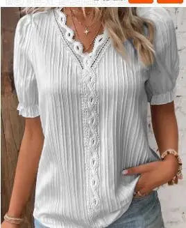 Elegant Women Blouse Shirt V Neck Lace Patchwork Short Sleeve Shirts For Women Summer Lady Tops
