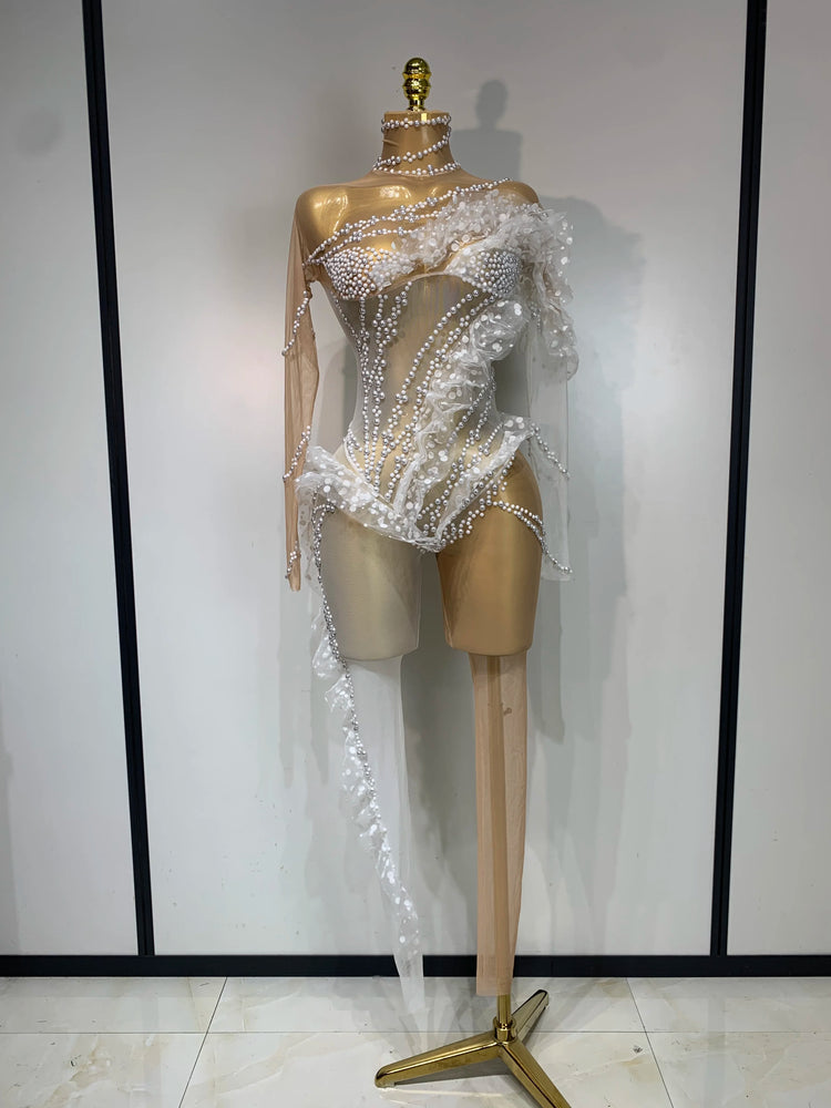 Women Sexy See Through Mesh Ruffles Pearls Jumpsuits Nightclub Party Jumpsuits Skinny Rompers Stage Show Singer Dance Outfit