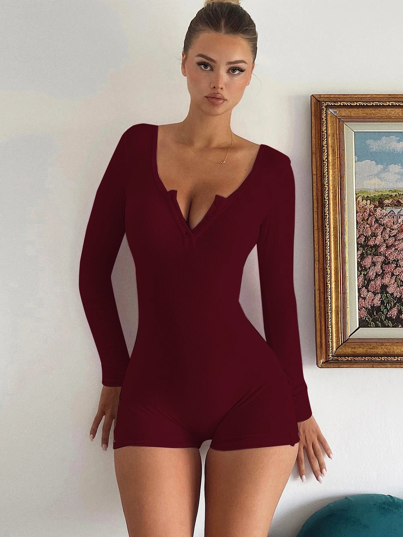 Hugcitar Spring Ribbed Solid Square Collar Long Sleeve Buttons Sexy Bodycon Skinny Playsuit Women Casual Romper Streetwear Sport