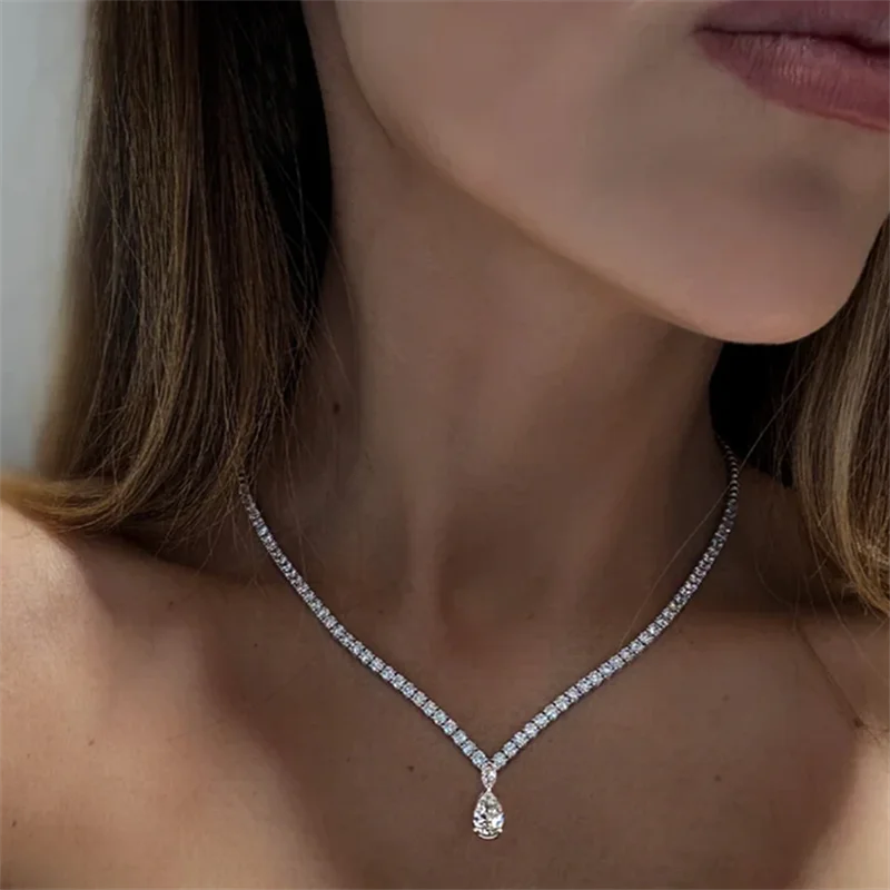 6Carat Pear Cut Full Moissanite Tennis Necklace for Women V-shape 3mm Round Cut Diamond S925 Silver WaterDrop Riviera Necklaces