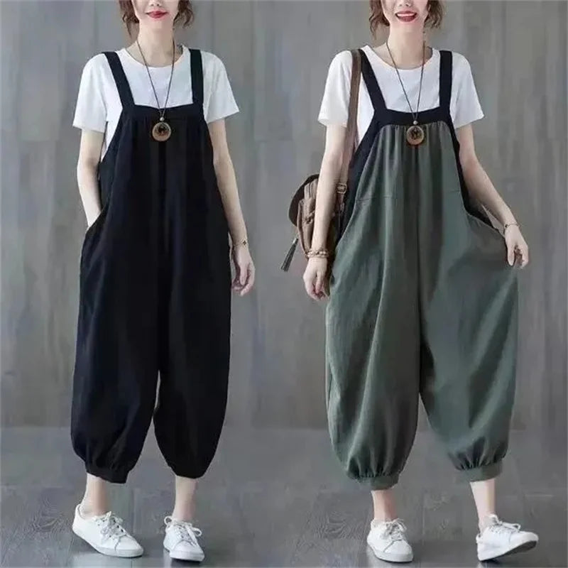 Casual Rompers For Women 2026 New Summer Large Size Korean Loose Harlan Jumpsuit Pants Solid Ladies Suspender Overalls L-5XL