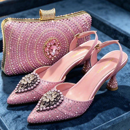 Latest Women Italian Shoes and Matching Bags Decorated with Rhinestone Elegant Pointed Toe Wedding Shoes Bride
