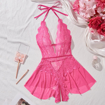 New Sexy Crotchless Rose Sexy Lingerie Women Lace Hollow Bodysuit Teddy Babydoll Dress Deep V Open Bra Porno Set Erotic Pajamas