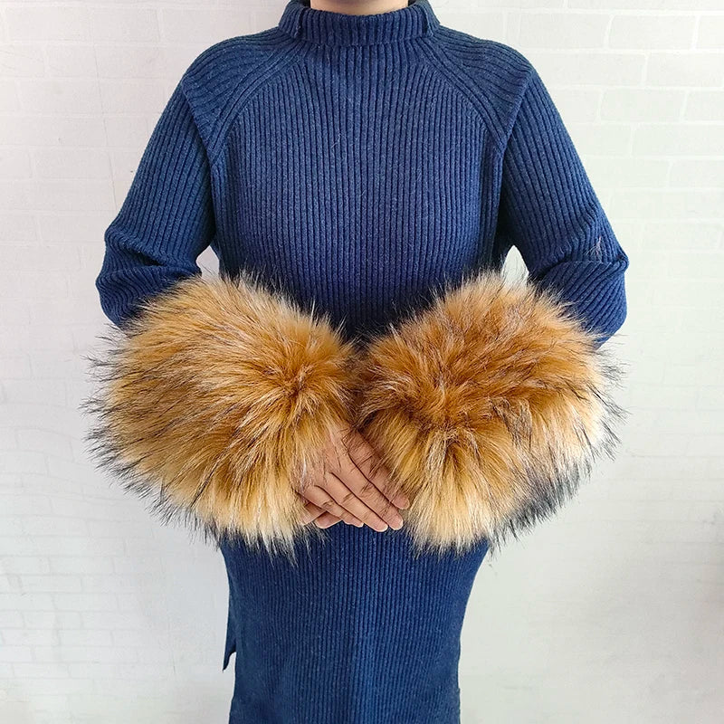 Large Women Faux Fox Fur Scarf Winter Jackets Warm Fluffy Shawl Fashion Artificial Fur Collar And Cuff Set Fluffy Scarves Female