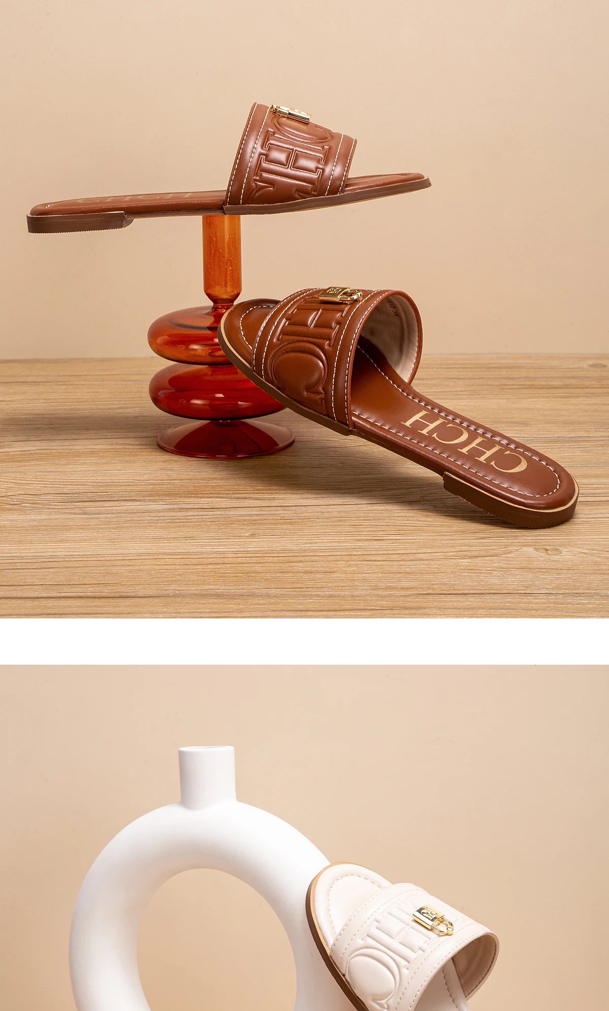 CHCH Women's Flat Shoes Summer New Solid Color Embossed Sandals Simple Fashion Slippers