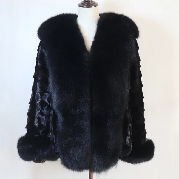 Women's Winter Real Mink Fur Coat with Fox Fur Collar 100% Natural Thick Warm Genuine Jacket Ladies' Outerwear