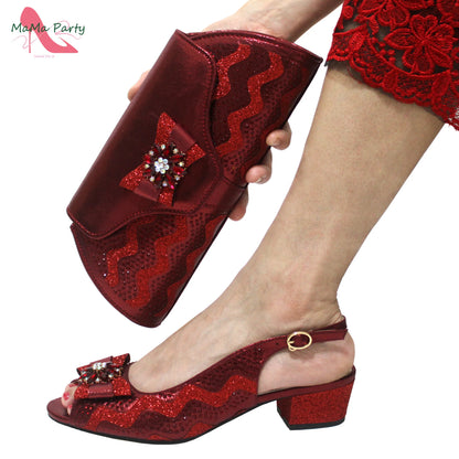 Golden Elegant Ladies Shoes Matching Bag Set Slingbacks Peep Toe Low Heels Fashion New Design Italian for Wedding