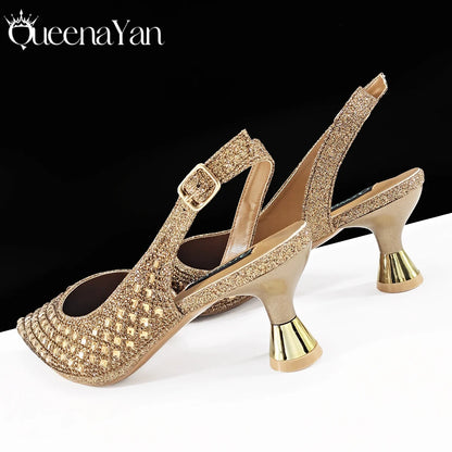 Queena Yan 2026 Italian Design Rhinestone Luxury Navy Blue Pointed Toe Shoe & Bag Set Women High Heels for Parties High Quality