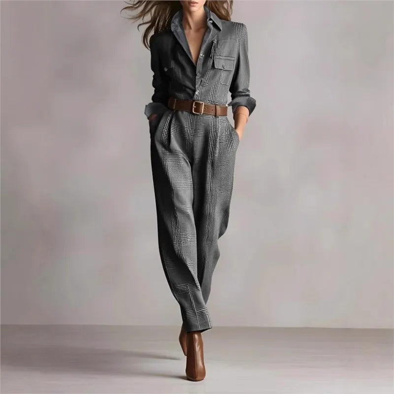Womens Retro Plaid Jumpsuit Fashion Lapel Collar Button Pocket Long Workwear Jumpsuit AutumnCasual Office Jumpsuits