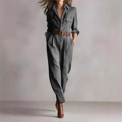 Womens Retro Plaid Jumpsuit Fashion Lapel Collar Button Pocket Long Workwear Jumpsuit AutumnCasual Office Jumpsuits