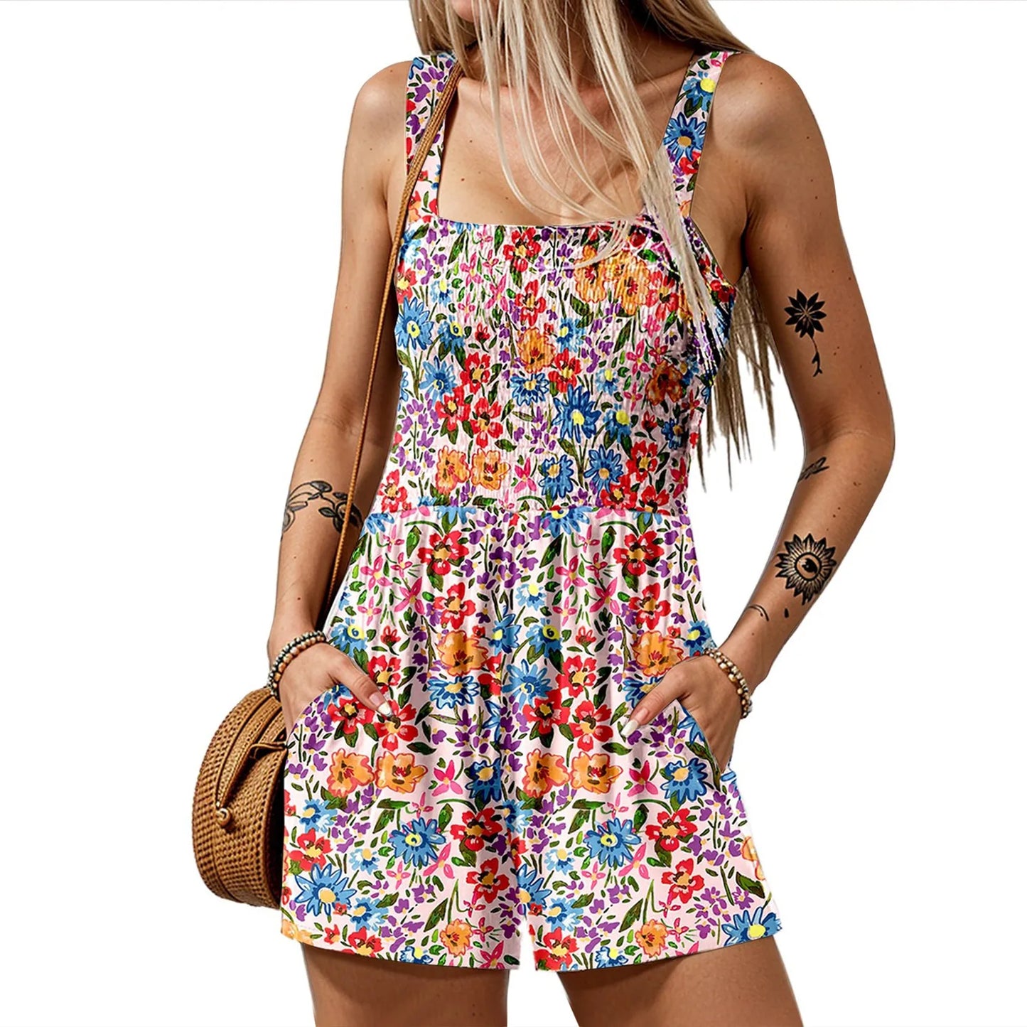 Ladies' Summer Casual Smocked Rompers Chic Square Neck Sleeveless Loose Shorts Jumpsuits Thin Bohe Style Beach Vacation Outfits