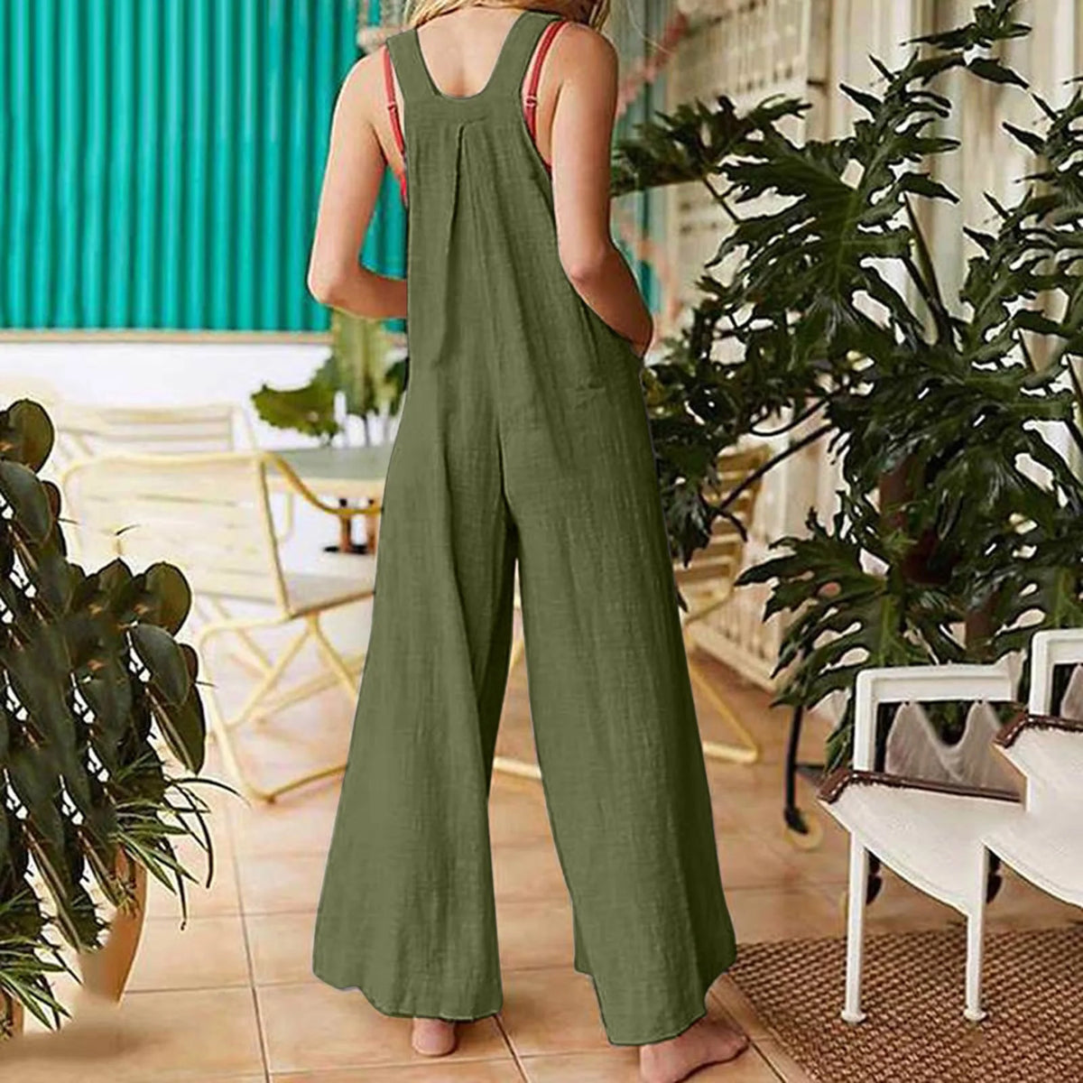 Women Summer Boho Jumpsuit Overalls Solid Ethnic Style Square Neck Sleeveless Casual Jumpsuit Pockets Loose Pants Jumpsuits 2024