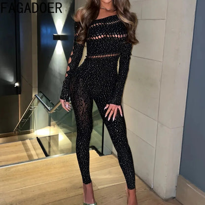 FAGADOER Spring Summer New Sexy Jumpsuits Women See Through Hollow Out Rhinestone Patchwork Rompers Female Streetwear Overalls
