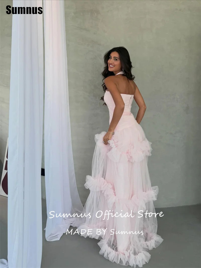 Sumnus Elegant A-Line Evening Dresses Pink Halter Ruched Ruffle Maxi Prom Dress Draped Birthday Princess Dress 2026 Customized