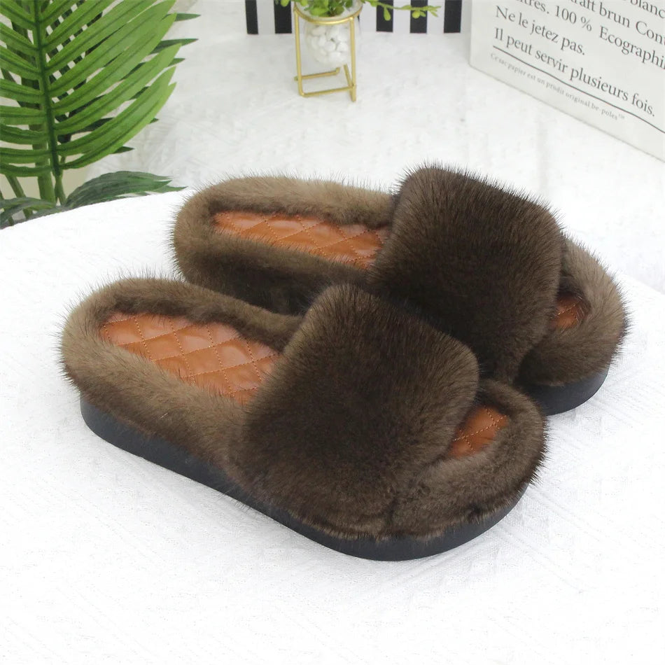 2026 Women Real Mink Fur Slippers Indoor Outdoor Luxury Shoes For Women Comfort Platform Fluffy Slipper Slides For Woman Summer